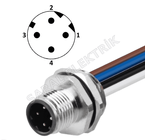 M12 4 Pin D Kodlu Erkek Panel Konnektör 20cm Kablolu