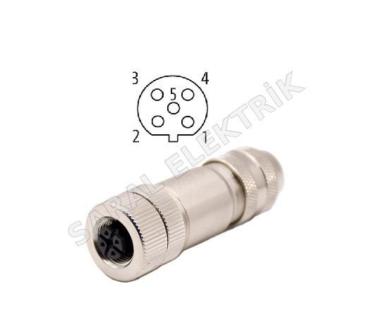 M12 5 Pin B Kodlu Seyyar Dişi Metal Konnektör Lumberg
